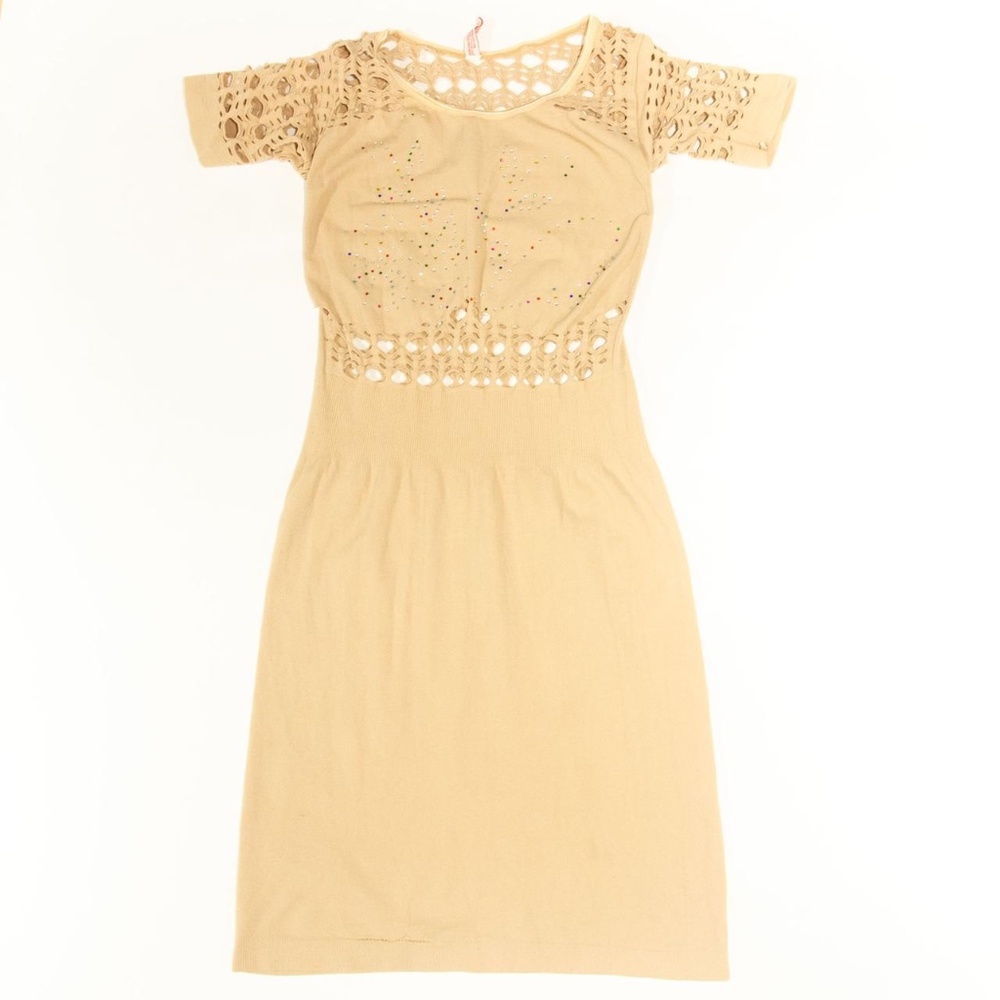 Beige body stocking bodycon bandage dress with rhinestones